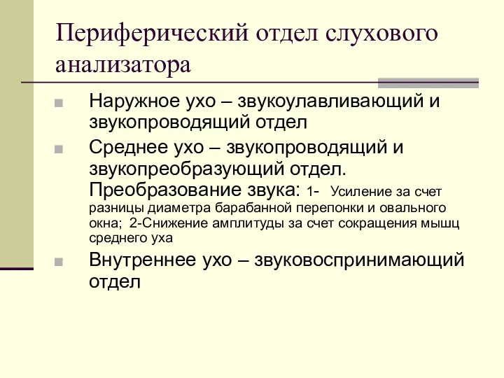 Периферический отдел слухового анализатора Наружное ухо – звукоулавливающий и звукопроводящий отдел