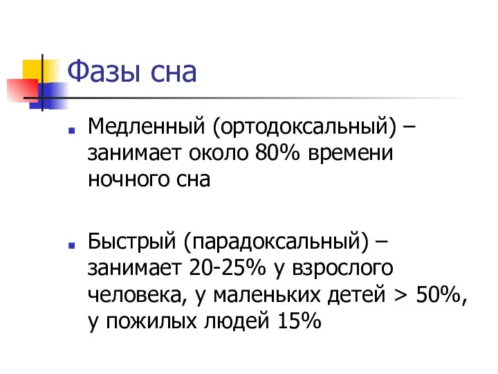 Фазы сна Медленный (ортодоксальный) – занимает около 80% времени ночного сна