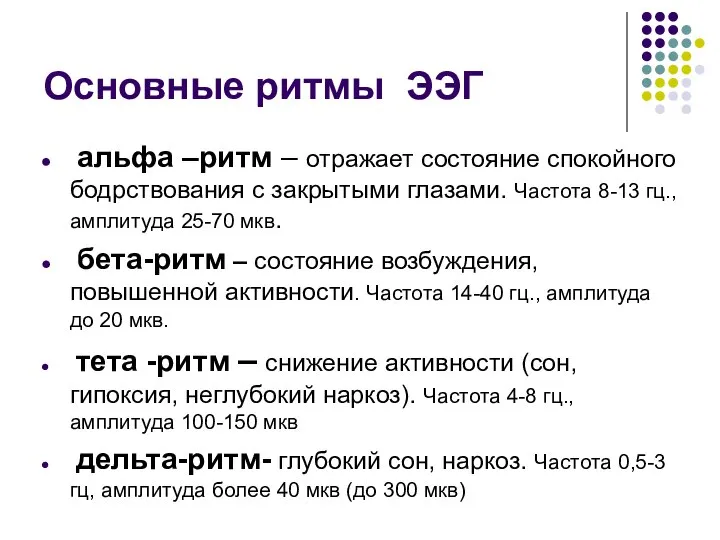 Основные ритмы ЭЭГ альфа –ритм – отражает состояние спокойного бодрствования с