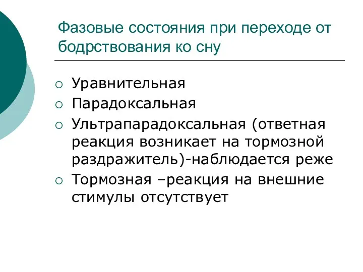 Фазовые состояния при переходе от бодрствования ко сну Уравнительная Парадоксальная Ультрапарадоксальная