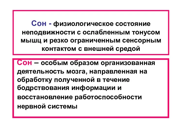 Сон - физиологическое состояние неподвижности с ослабленным тонусом мышц и резко