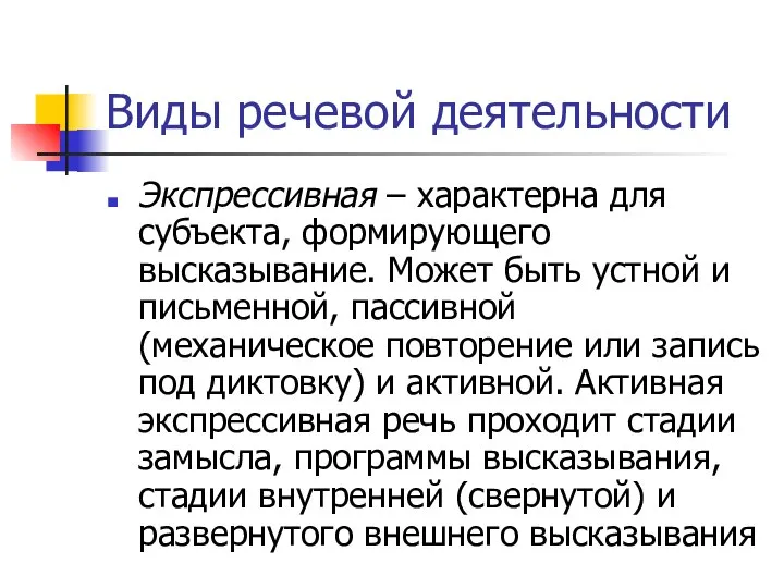 Виды речевой деятельности Экспрессивная – характерна для субъекта, формирующего высказывание. Может