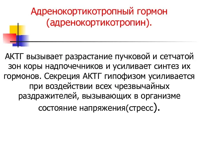 Адренокортикотропный гормон(адренокортикотропин). АКТГ вызывает разрастание пучковой и сетчатой зон коры надпочечников