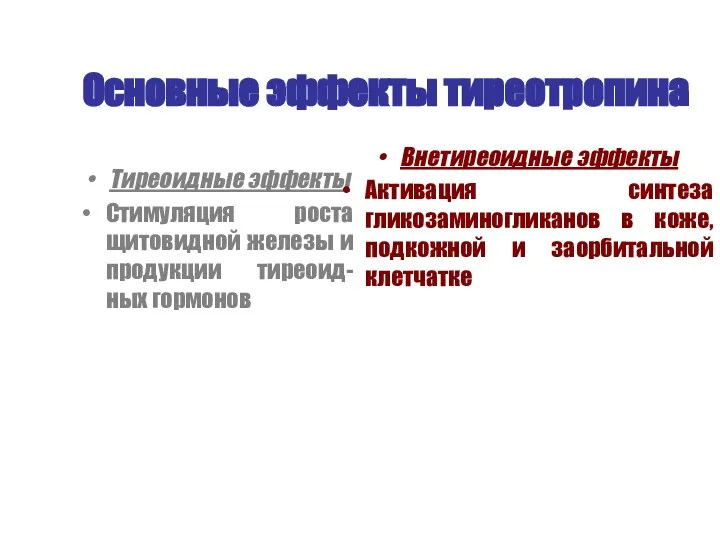 Основные эффекты тиреотропина Тиреоидные эффекты Стимуляция роста щитовидной железы и продукции