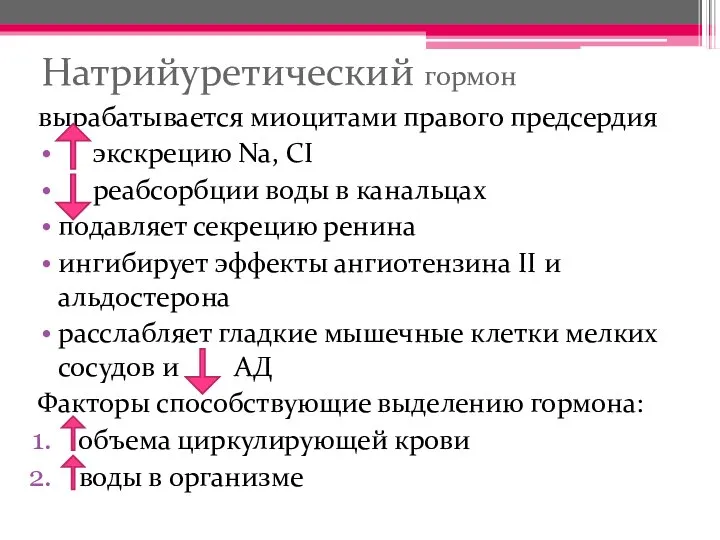 Натрийуретический гормон вырабатывается миоцитами правого предсердия экскрецию Na, CI реабсорбции воды