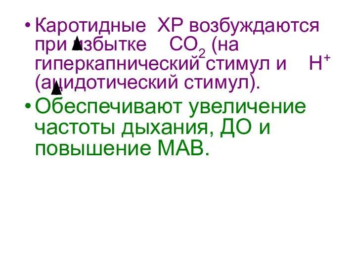 Каротидные ХР возбуждаются при избытке СО2 (на гиперкапнический стимул и Н+