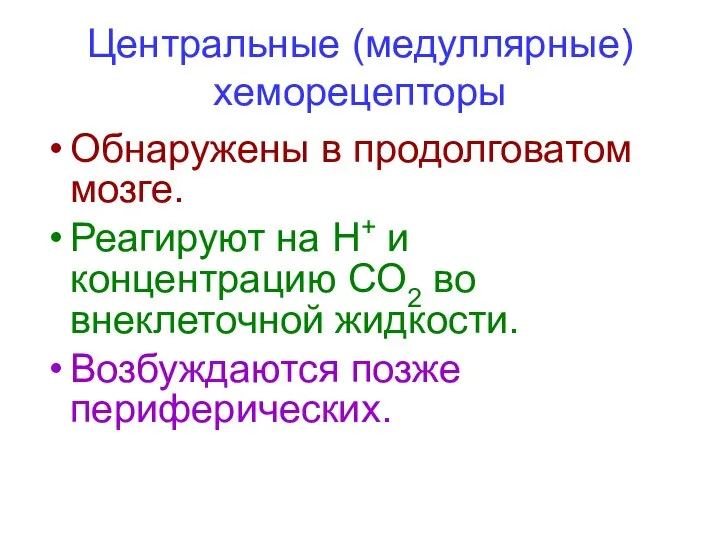 Центральные (медуллярные) хеморецепторы Обнаружены в продолговатом мозге. Реагируют на Н+ и