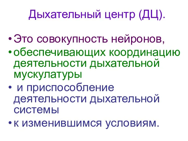 Дыхательный центр (ДЦ). Это совокупность нейронов, обеспечивающих координацию деятельности дыхательной мускулатуры