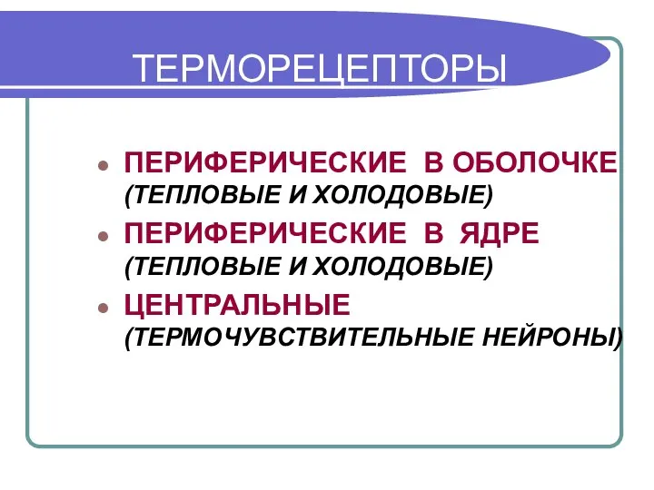 ТЕРМОРЕЦЕПТОРЫ ПЕРИФЕРИЧЕСКИЕ В ОБОЛОЧКЕ (ТЕПЛОВЫЕ И ХОЛОДОВЫЕ) ПЕРИФЕРИЧЕСКИЕ В ЯДРЕ (ТЕПЛОВЫЕ И ХОЛОДОВЫЕ) ЦЕНТРАЛЬНЫЕ (ТЕРМОЧУВСТВИТЕЛЬНЫЕ НЕЙРОНЫ)