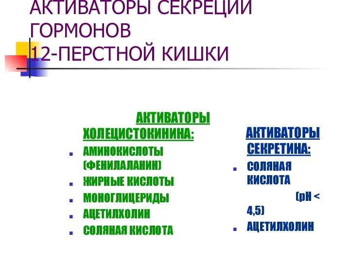 АКТИВАТОРЫ СЕКРЕЦИИ ГОРМОНОВ 12-ПЕРСТНОЙ КИШКИ АКТИВАТОРЫ ХОЛЕЦИСТОКИНИНА: АМИНОКИСЛОТЫ (ФЕНИЛАЛАНИН) ЖИРНЫЕ КИСЛОТЫ