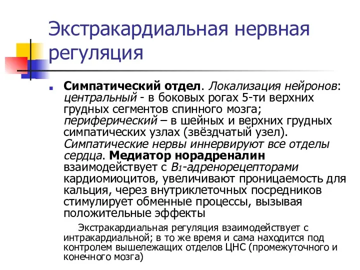 Экстракардиальная нервная регуляция Симпатический отдел. Локализация нейронов: центральный - в боковых