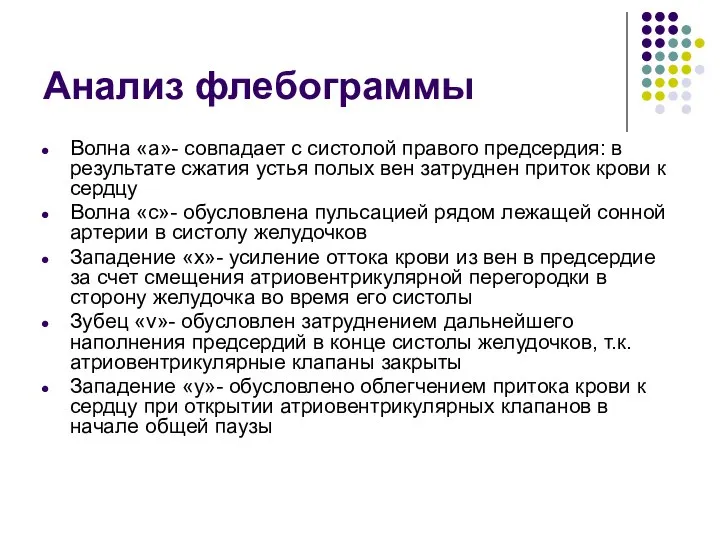 Анализ флебограммы Волна «а»- совпадает с систолой правого предсердия: в результате