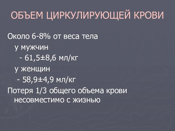 ОБЪЕМ ЦИРКУЛИРУЮЩЕЙ КРОВИ Около 6-8% от веса тела у мужчин -