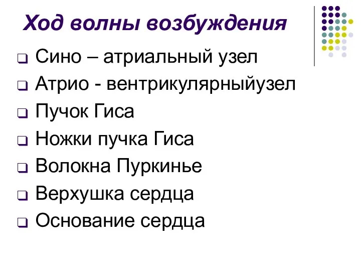 Ход волны возбуждения Сино – атриальный узел Атрио - вентрикулярныйузел Пучок