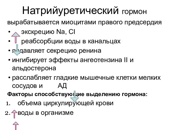 Натрийуретический гормон вырабатывается миоцитами правого предсердия экскрецию Na, CI реабсорбции воды