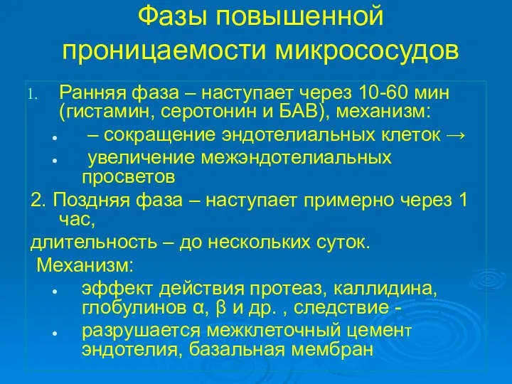 Фазы повышенной проницаемости микрососудов Ранняя фаза – наступает через 10-60 мин