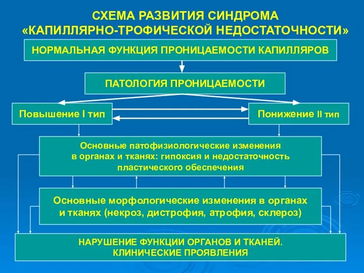 СХЕМА РАЗВИТИЯ СИНДРОМА «КАПИЛЛЯРНО-ТРОФИЧЕСКОЙ НЕДОСТАТОЧНОСТИ» НОРМАЛЬНАЯ ФУНКЦИЯ ПРОНИЦАЕМОСТИ КАПИЛЛЯРОВ ПАТОЛОГИЯ ПРОНИЦАЕМОСТИ