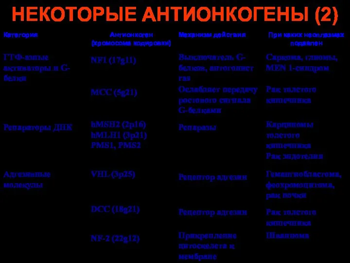 НЕКОТОРЫЕ АНТИОНКОГЕНЫ (2) ГТФ-азные активаторы и G-белки NF1 (17g11) Выключатель G-белков,