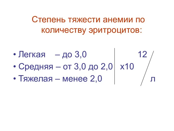 Степень тяжести анемии по количеству эритроцитов: Легкая – до 3,0 12