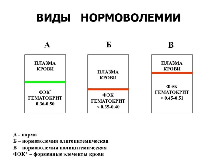 ВИДЫ НОРМОВОЛЕМИИ А - норма Б – нормоволемия олигоцитемическая В –