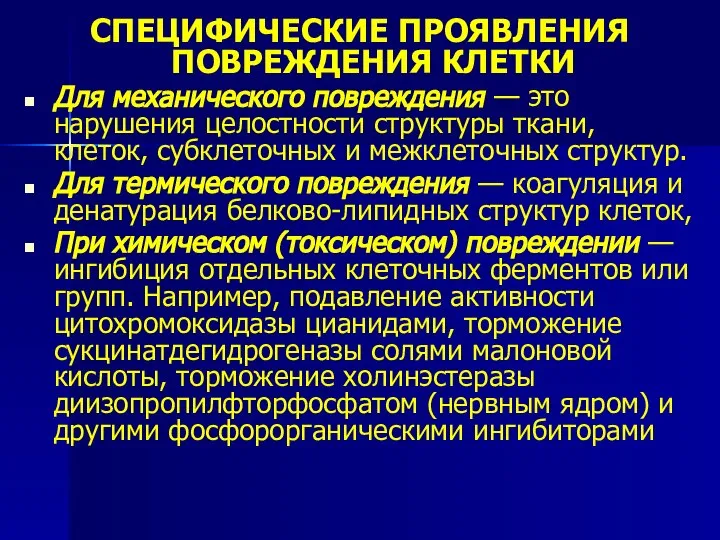 СПЕЦИФИЧЕСКИЕ ПРОЯВЛЕНИЯ ПОВРЕЖДЕНИЯ КЛЕТКИ Для механического повреждения — это нарушения целостности