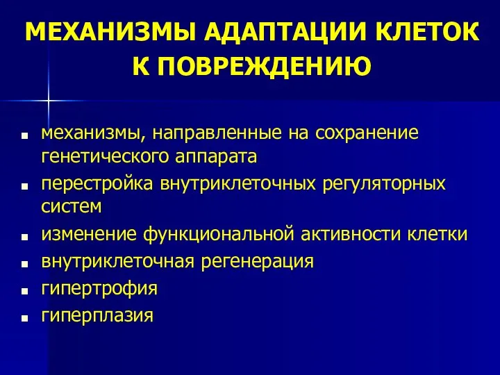 МЕХАНИЗМЫ АДАПТАЦИИ КЛЕТОК К ПОВРЕЖДЕНИЮ механизмы, направленные на сохранение генетического аппарата