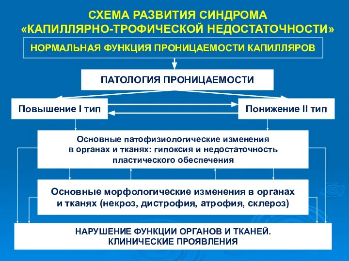 СХЕМА РАЗВИТИЯ СИНДРОМА «КАПИЛЛЯРНО-ТРОФИЧЕСКОЙ НЕДОСТАТОЧНОСТИ» НОРМАЛЬНАЯ ФУНКЦИЯ ПРОНИЦАЕМОСТИ КАПИЛЛЯРОВ ПАТОЛОГИЯ ПРОНИЦАЕМОСТИ