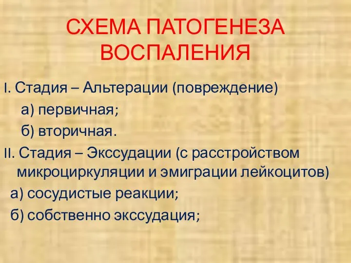 СХЕМА ПАТОГЕНЕЗА ВОСПАЛЕНИЯ I. Стадия – Альтерации (повреждение) а) первичная; б)