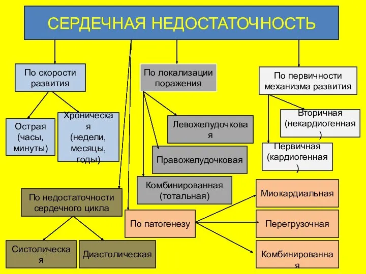 СЕРДЕЧНАЯ НЕДОСТАТОЧНОСТЬ По скорости развития Хроническая (недели, месяцы, годы) Острая (часы,