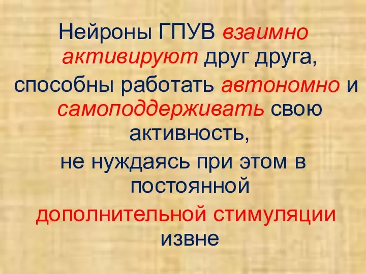 Нейроны ГПУВ взаимно активируют друг друга, способны работать автономно и самоподдерживать