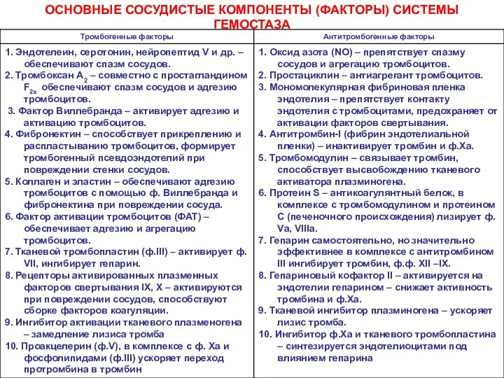 ОСНОВНЫЕ СОСУДИСТЫЕ КОМПОНЕНТЫ (ФАКТОРЫ) СИСТЕМЫ ГЕМОСТАЗА