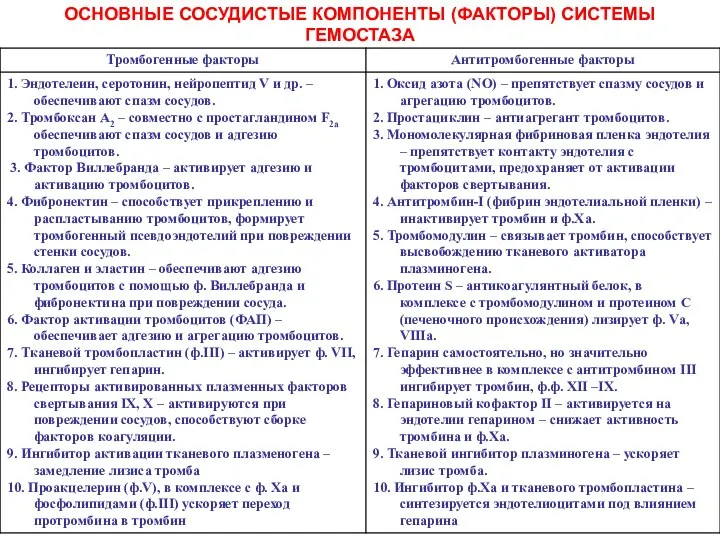 ОСНОВНЫЕ СОСУДИСТЫЕ КОМПОНЕНТЫ (ФАКТОРЫ) СИСТЕМЫ ГЕМОСТАЗА