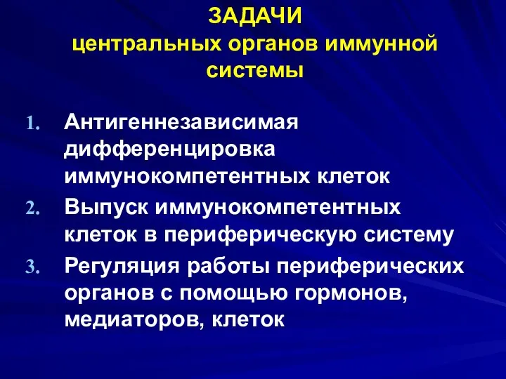 ЗАДАЧИ центральных органов иммунной системы Антигеннезависимая дифференцировка иммунокомпетентных клеток Выпуск иммунокомпетентных