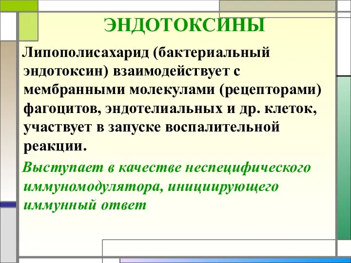 ЭНДОТОКСИНЫ Липополисахарид (бактериальный эндотоксин) взаимодействует с мембранными молекулами (рецепторами) фагоцитов, эндотелиальных