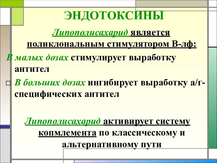 ЭНДОТОКСИНЫ Липополисахарид является поликлональным стимулятором В-лф: В малых дозах стимулирует выработку