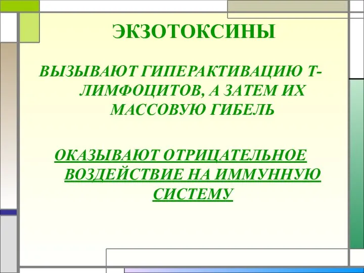 ЭКЗОТОКСИНЫ ВЫЗЫВАЮТ ГИПЕРАКТИВАЦИЮ Т-ЛИМФОЦИТОВ, А ЗАТЕМ ИХ МАССОВУЮ ГИБЕЛЬ ОКАЗЫВАЮТ ОТРИЦАТЕЛЬНОЕ ВОЗДЕЙСТВИЕ НА ИММУННУЮ СИСТЕМУ