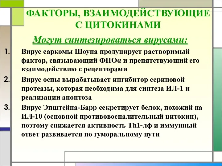 ФАКТОРЫ, ВЗАИМОДЕЙСТВУЮЩИЕ С ЦИТОКИНАМИ Могут синтезироваться вирусами: Вирус саркомы Шоупа продуцирует