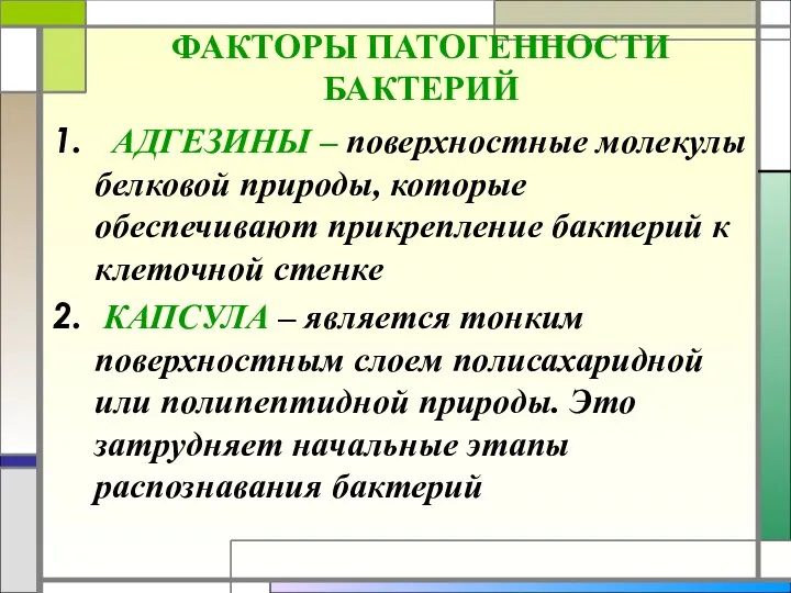 ФАКТОРЫ ПАТОГЕННОСТИ БАКТЕРИЙ АДГЕЗИНЫ – поверхностные молекулы белковой природы, которые обеспечивают