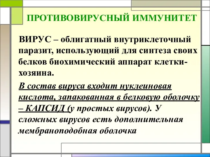 ПРОТИВОВИРУСНЫЙ ИММУНИТЕТ ВИРУС – облигатный внутриклеточный паразит, использующий для синтеза своих