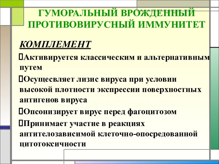 ГУМОРАЛЬНЫЙ ВРОЖДЕННЫЙ ПРОТИВОВИРУСНЫЙ ИММУНИТЕТ КОМПЛЕМЕНТ Активируется классическим и альтернативным путем Осущесвляет