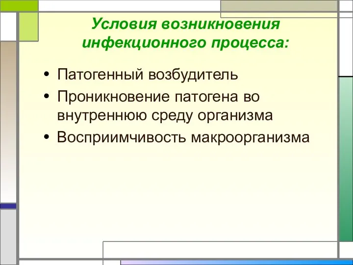 Условия возникновения инфекционного процесса: Патогенный возбудитель Проникновение патогена во внутреннюю среду организма Восприимчивость макроорганизма