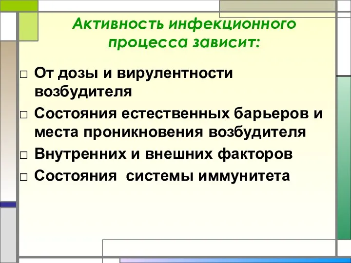 Активность инфекционного процесса зависит: От дозы и вирулентности возбудителя Состояния естественных