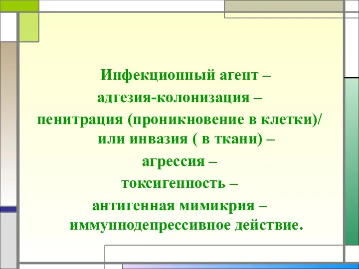 Инфекционный агент – адгезия-колонизация – пенитрация (проникновение в клетки)/ или инвазия