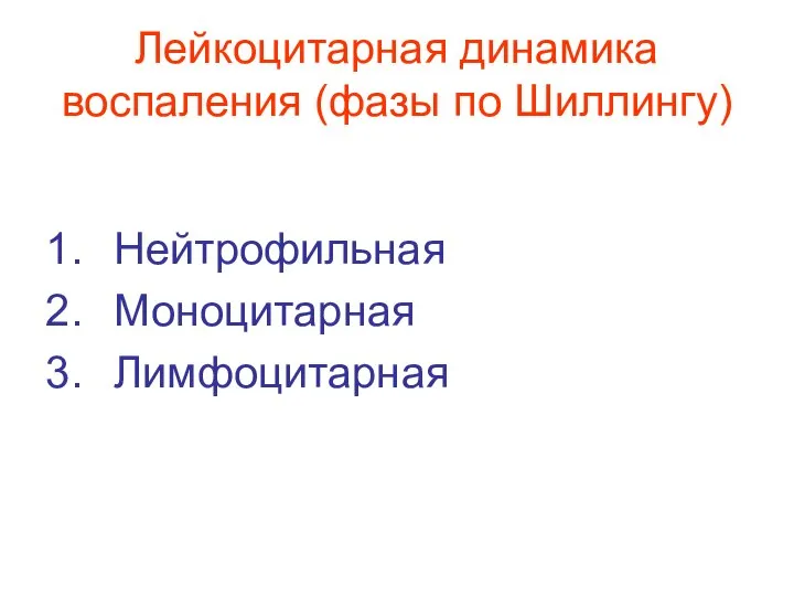 Лейкоцитарная динамика воспаления (фазы по Шиллингу) Нейтрофильная Моноцитарная Лимфоцитарная