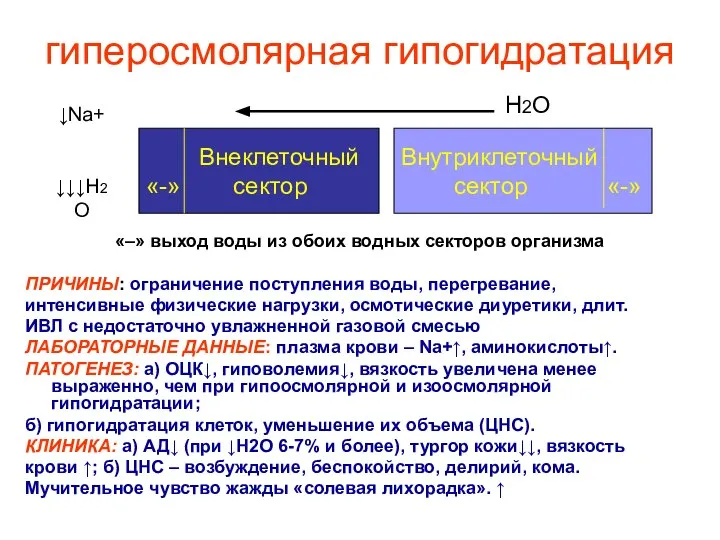 гиперосмолярная гипогидратация «–» выход воды из обоих водных секторов организма ПРИЧИНЫ: