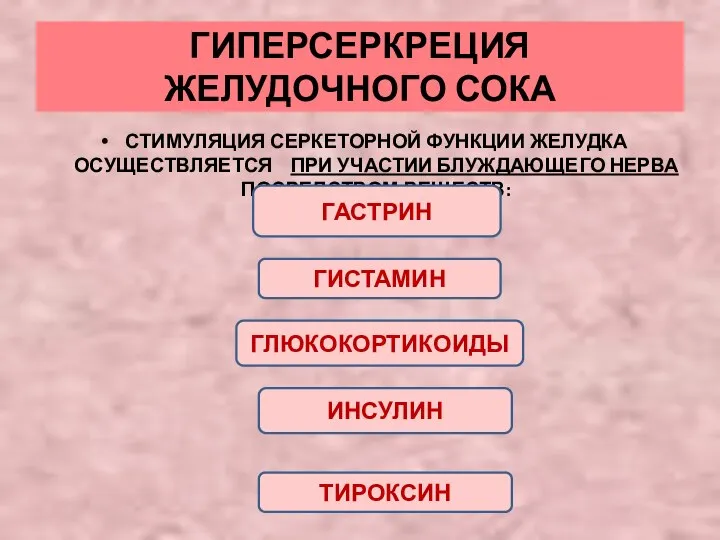 ГИПЕРСЕРКРЕЦИЯ ЖЕЛУДОЧНОГО СОКА СТИМУЛЯЦИЯ СЕРКЕТОРНОЙ ФУНКЦИИ ЖЕЛУДКА ОСУЩЕСТВЛЯЕТСЯ ПРИ УЧАСТИИ БЛУЖДАЮЩЕГО