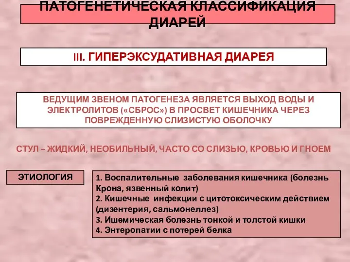 ПАТОГЕНЕТИЧЕСКАЯ КЛАССИФИКАЦИЯ ДИАРЕЙ III. ГИПЕРЭКСУДАТИВНАЯ ДИАРЕЯ ВЕДУЩИМ ЗВЕНОМ ПАТОГЕНЕЗА ЯВЛЯЕТСЯ ВЫХОД