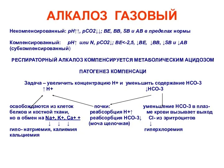 АЛКАЛОЗ ГАЗОВЫЙ Некомпенсированный: рН↑↑, рСО2↓↓; ВЕ, ВВ, SВ и АВ в