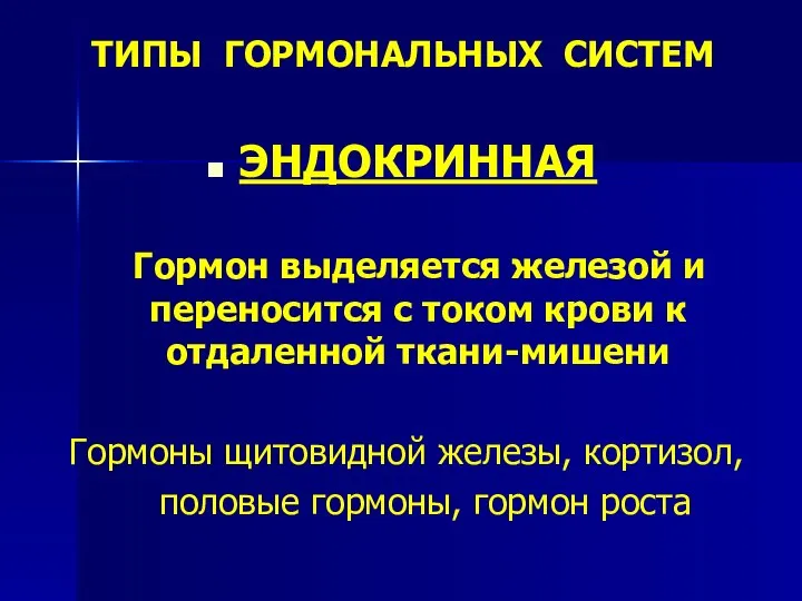 ТИПЫ ГОРМОНАЛЬНЫХ СИСТЕМ ЭНДОКРИННАЯ Гормон выделяется железой и переносится с током