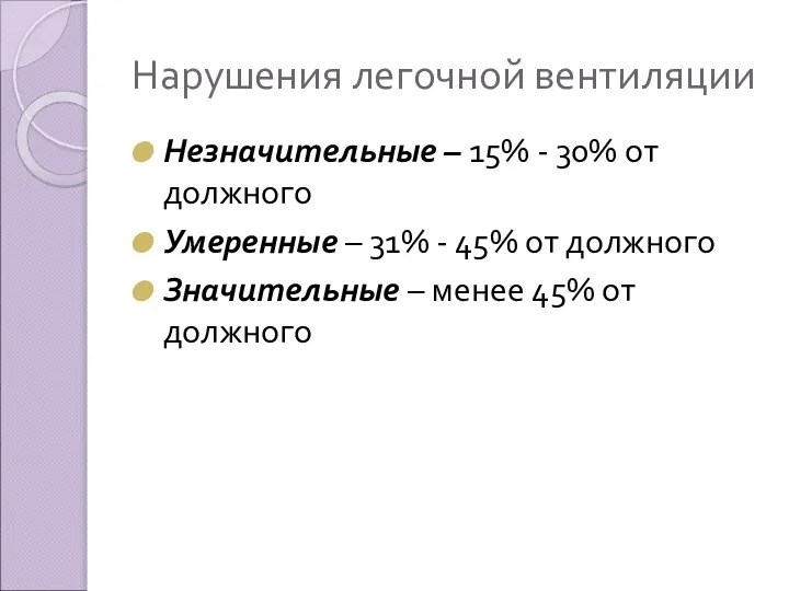 Нарушения легочной вентиляции Незначительные – 15% - 30% от должного Умеренные